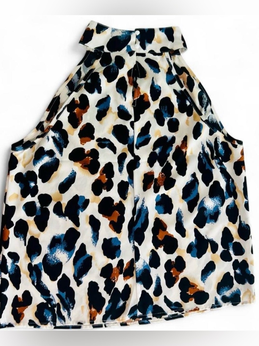 Y2K Blue and Brown Leopard Print Halter Tunic Sleeveless Button Blouse Large
